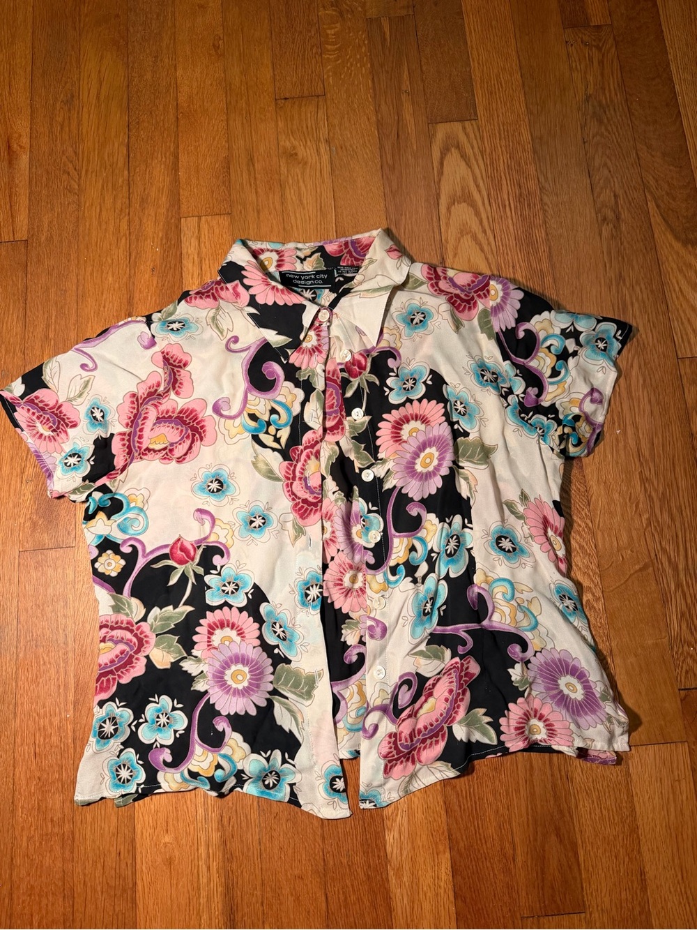 Floral Short-Sleeve Button-Down Shirt in Pink, Turquoise & Black